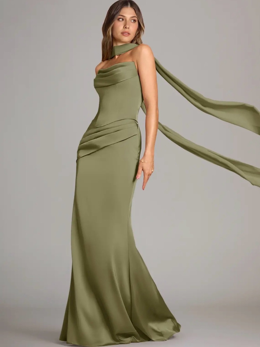 Olive Green Draped Satin Evening Gown - Picture 3 of 6